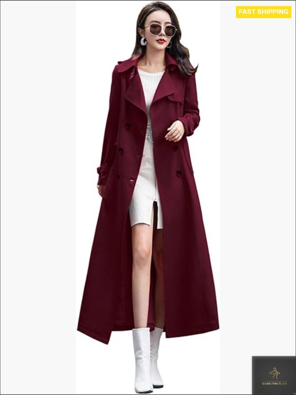 Double Breasted Trench Coat Long Sleeve Slim Fit Maxi Length Classic Elegant